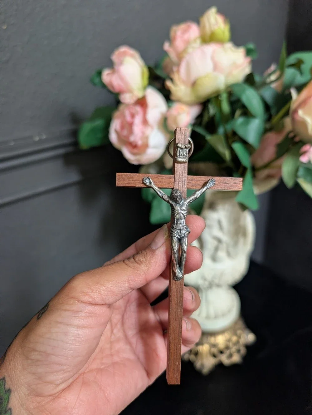 Vintage INRI Cast Metal & Wood Crucifix Cross Relic Religion INRI Wall decor, 5